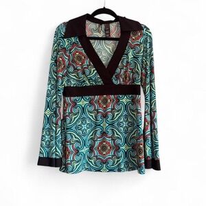 Y2K Bell Sleeve Blouse Women's Size Medium Bisou Bisou Blue Groovy Retro Boho